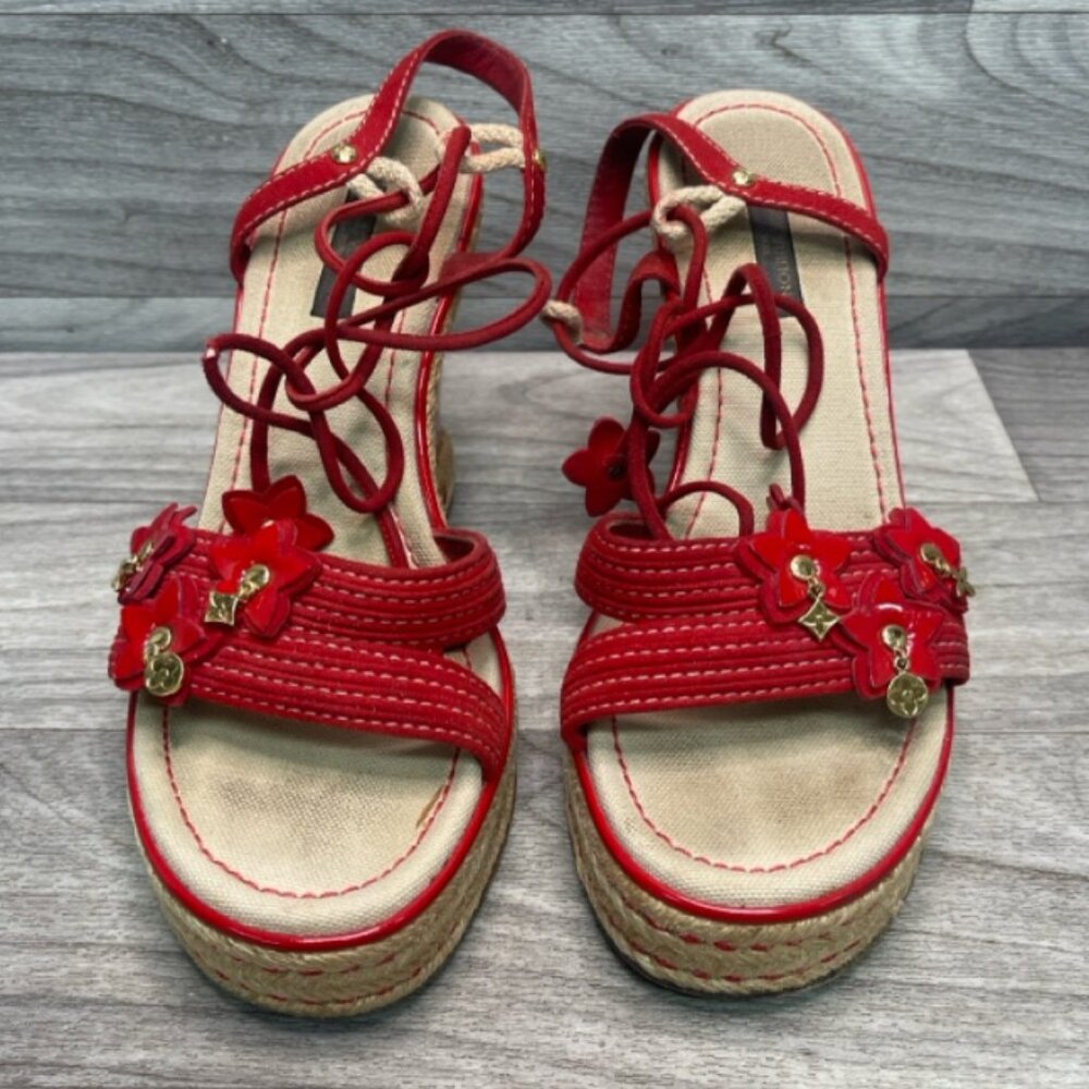 Louis Vuitton Idylle Charms Espadrille Strap Red Sandals size 37.5 - US 7.5